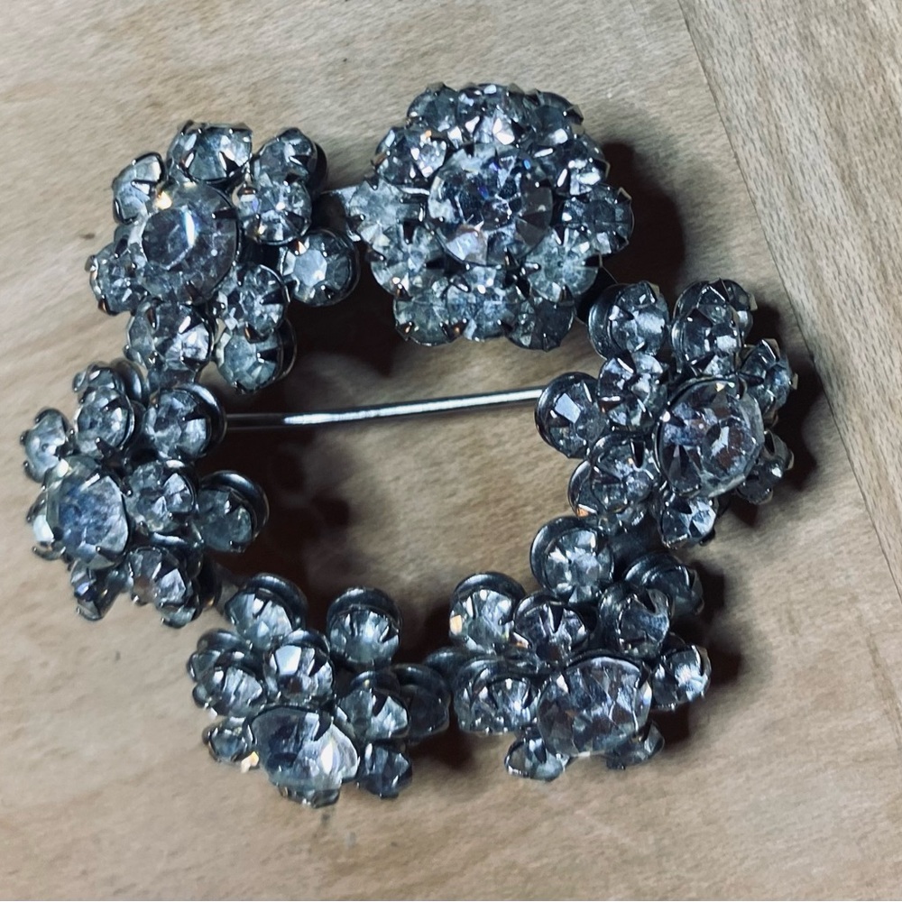 Vintage Flower Brooch, silver rhinestone crystals
